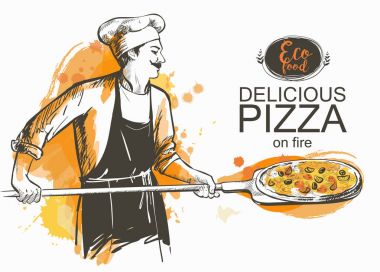 Pizza fırın vektör çizim pişirmeye hazır