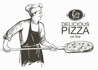Pizza fırın vektör çizim pişirmeye hazır