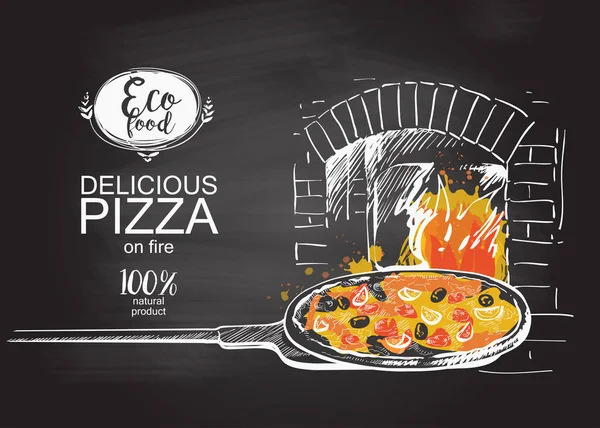 Pizza klaar om te bakken in de oven vectorillustratie — Stockvector