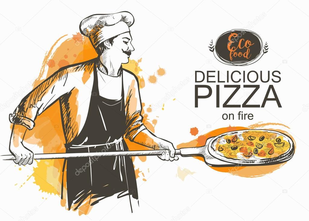 Baker in uniform with pizza baked in wood fire oven Cook in the kitchen with shovel in hands Hot pizza rustic Italian style. Olives mushrooms and cheese. Hand-drawn vector illustration line sketch.