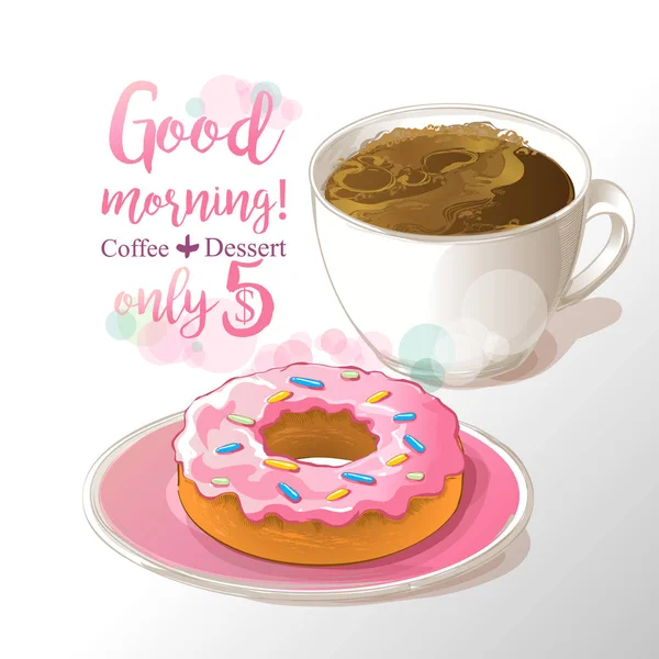 Taza de café y donut vector ilustración — Vector de stock