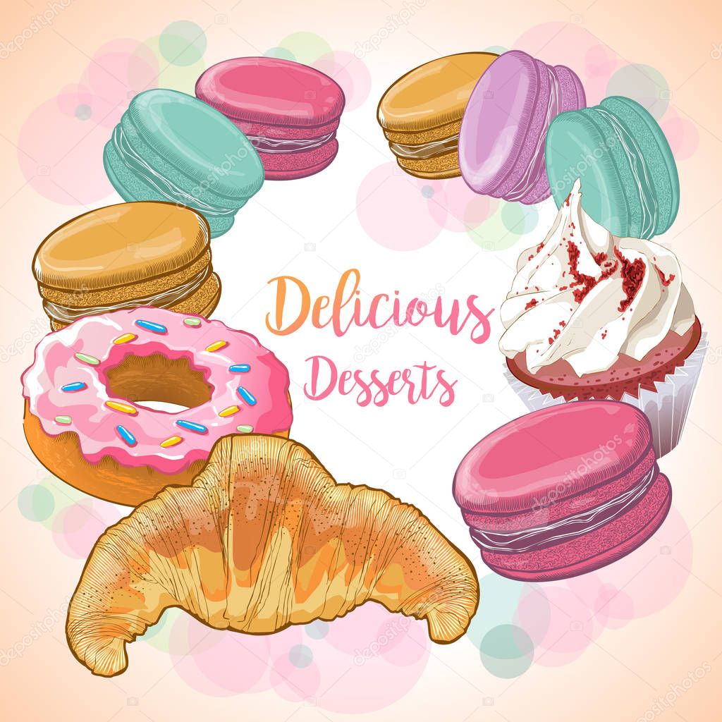 Colorful french macaroons, croissant, cupcake, donut.