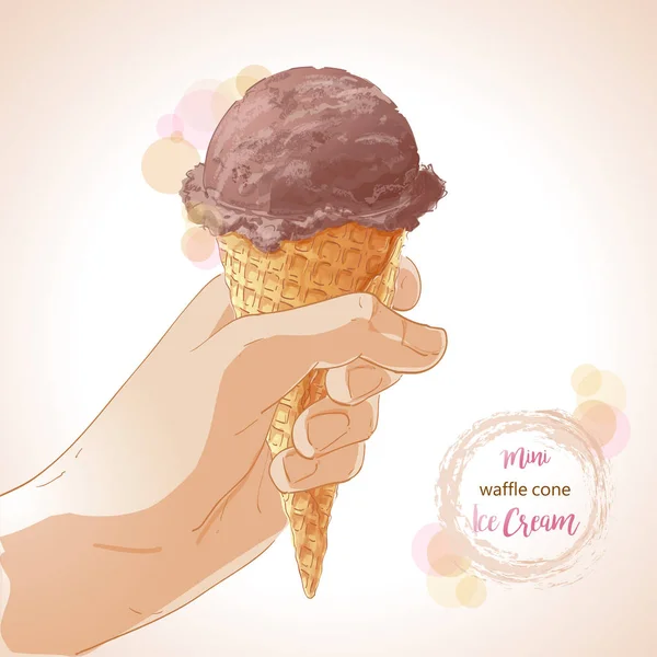 Vector Mão segurando sorvete em cone de waffle — Vetor de Stock