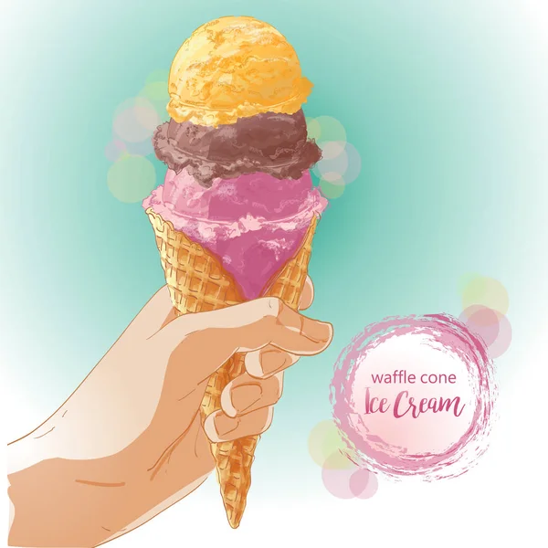 Vector Mão segurando sorvete em cone de waffle —  Vetores de Stock