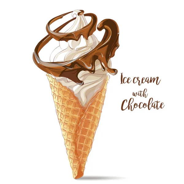 Sorvete vetorial em cone de waffle com espiral de chocolate — Vetor de Stock