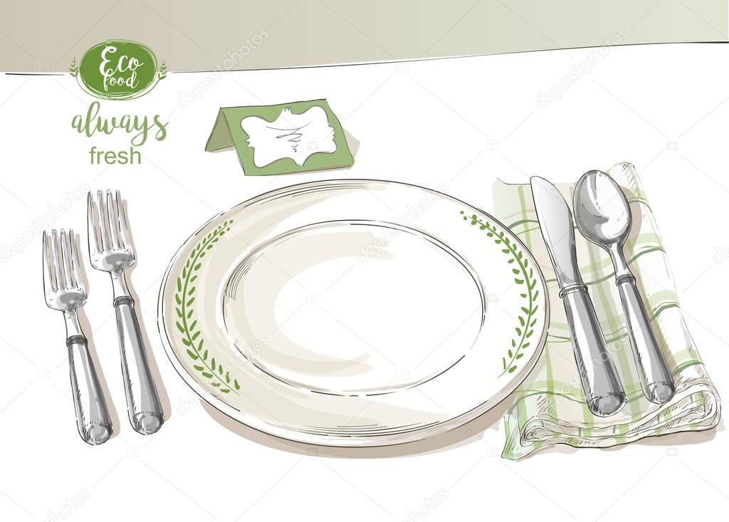 Vector cutlery set: forks, knive, spoons, empty plate