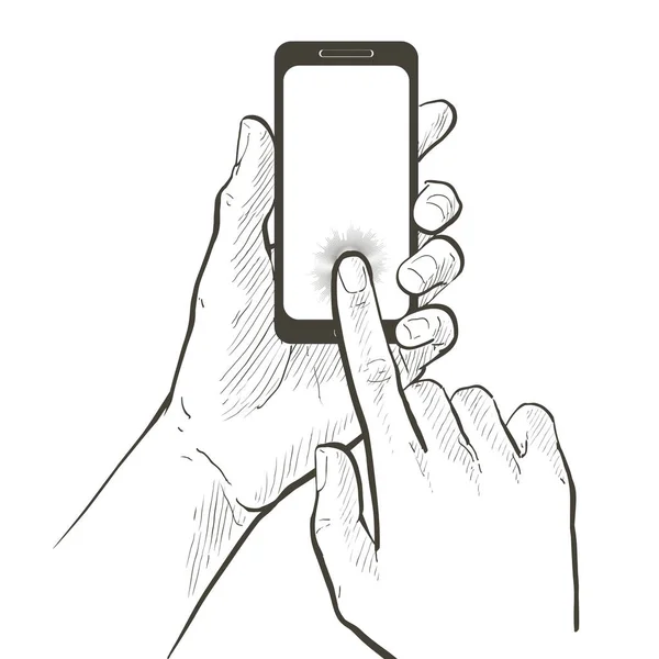 Dua tangan memegang dan menyentuh ponsel pintar Stok Vektor