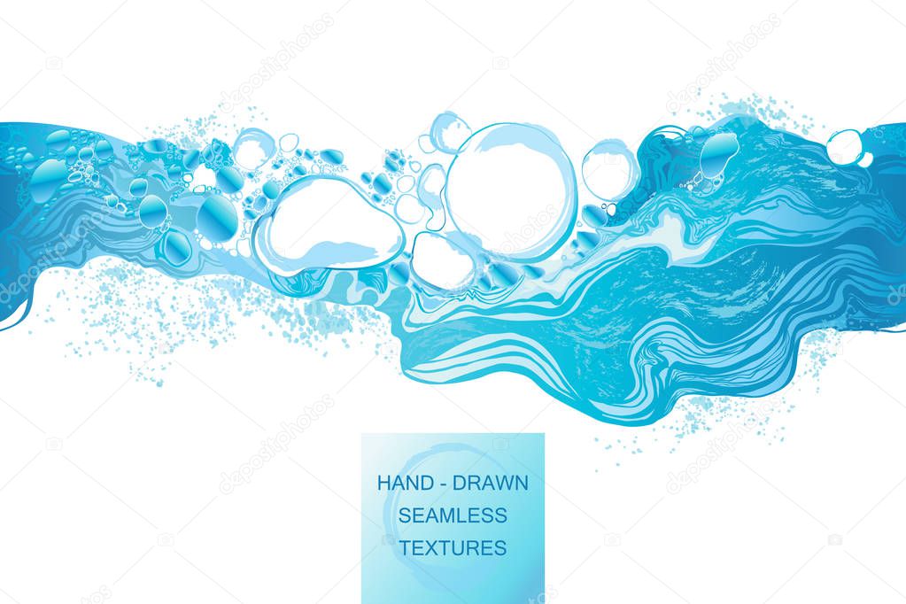 Water splash in blue color bubbles abstract background seamless pattern hand-drawn vector illustration