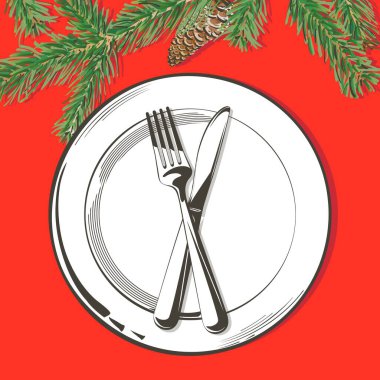 Vektör Noel masası dekorasyonu. Çatal, bıçak, ladin dallı masa örtüsü üzerine boş tabak. Menü. Üst Manzara. Kırmızı arkaplanda renk izole illüstrasyonu.