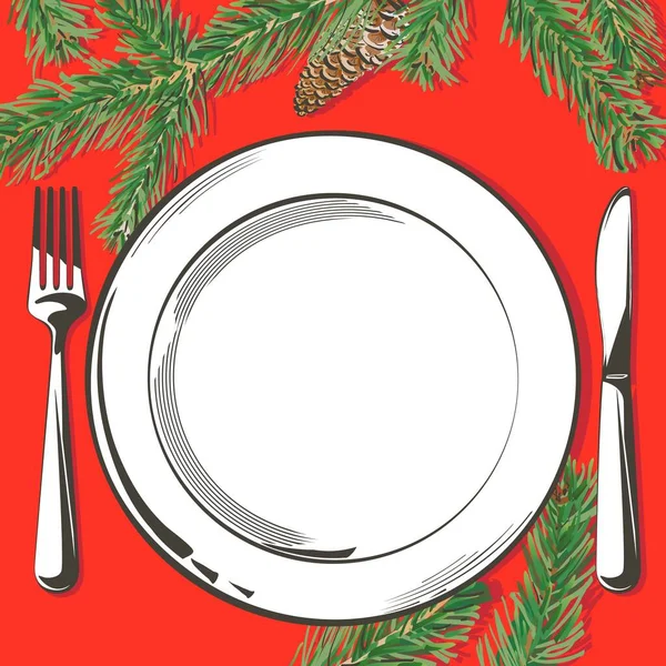 Decoración de mesa de Navidad vectorial. Juego de cubiertos festivos: tenedor, cuchillo, plato vacío sobre mantel con rama de abeto. Menú. Vista superior. Ilustración aislada en color sobre fondo rojo . — Vector de stock