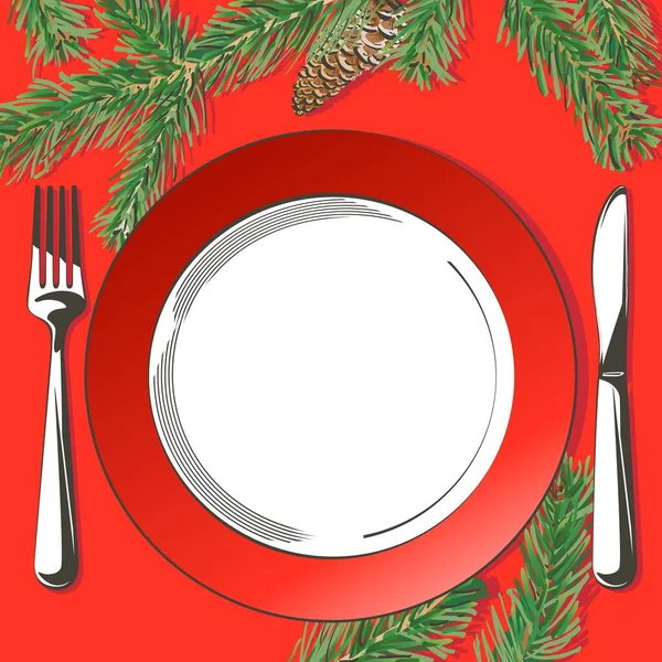 Decoración de mesa de Navidad vectorial. Juego de cubiertos festivos: tenedor, cuchillo, plato vacío sobre mantel con rama de abeto. Menú. Vista superior. Ilustración aislada en color sobre fondo rojo . — Vector de stock