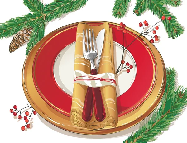 Décoration de table de Noël vectorielle. Ensemble de couverts festifs : fourchette, couteau, assiette vide sur la nappe avec branche d'épinette. Au menu. Vue de dessus. Illustration isolée en couleur sur fond rouge . — Image vectorielle