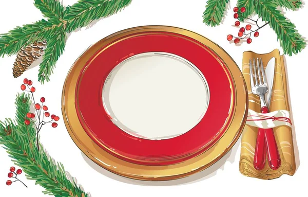 Vetor de decoração de mesa de Natal. Conjunto de talheres festivos: garfo, faca, prato vazio na toalha de mesa com ramo de abeto. Menu. Vista superior. Ilustração de cor isolada no fundo vermelho . — Vetor de Stock