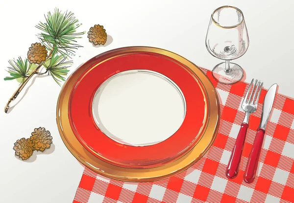 Vektor weihnachtliche Tischdekoration. Festtagsbesteck: Gabel, Messer, leerer Teller auf Tischdecke mit Fichtenzweig. Menü. Ansicht von oben. farbig isolierte Abbildung auf rotem Hintergrund. — Stockvektor