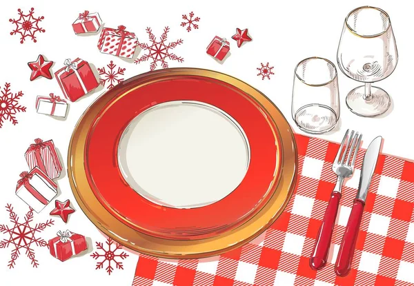 Vektör Noel masası dekorasyonu. Çatal, bıçak, ladin dallı masa örtüsü üzerine boş tabak. Menü. Üst Manzara. Kırmızı arkaplanda renk izole illüstrasyonu. — Stok Vektör