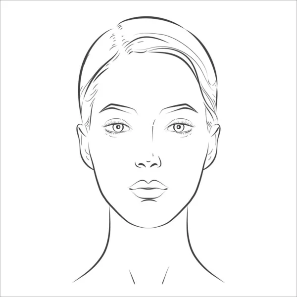 Woman face. Black and white line sketch front portrait — Stock Vector