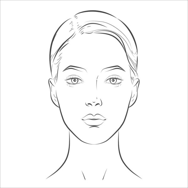Woman face. Black and white line sketch front portrait