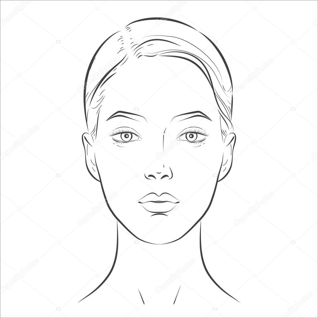 Woman face. Black and white line sketch front portrait