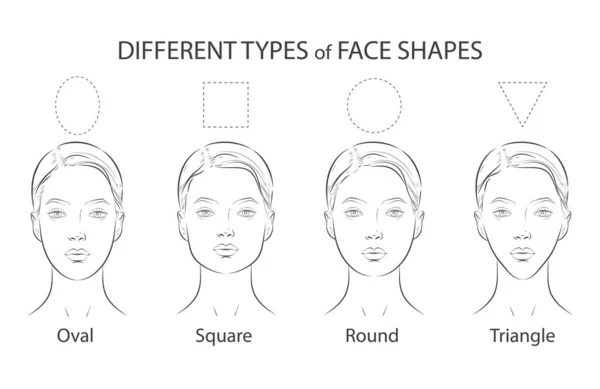 Set of different types woman face. Oval, square, round, triangle shapes. — Stock Vector