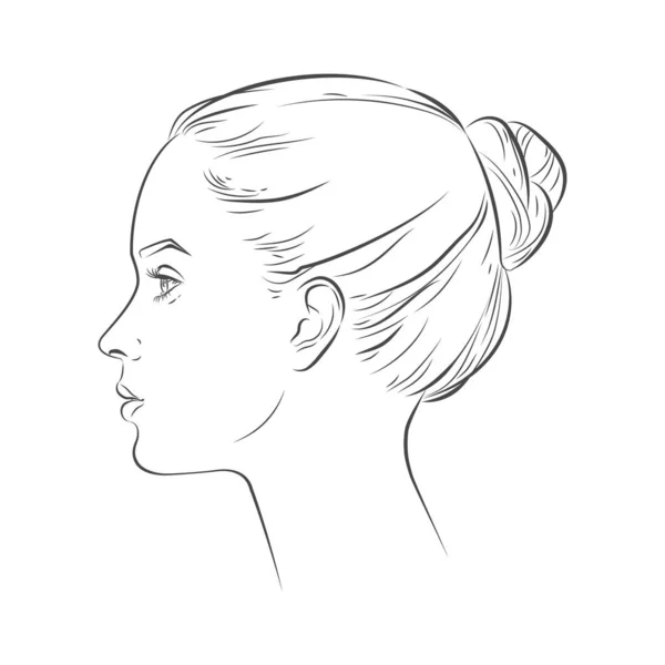 Vektor kvinna ansikte i profil. Porträtt av flicka tittar sida och front vinklar. linje skiss isolerad illustration på vitt. — Stock vektor