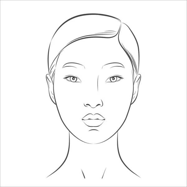 아시아 여성의 얼굴. 검정 색 과 흰색 선 스케치 전면 초상화 — 스톡 벡터