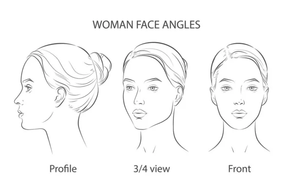 Conjunto de tres ángulos diferentes. Diferente vista frontal, perfil, tres cuartos de cara de chica . — Vector de stock