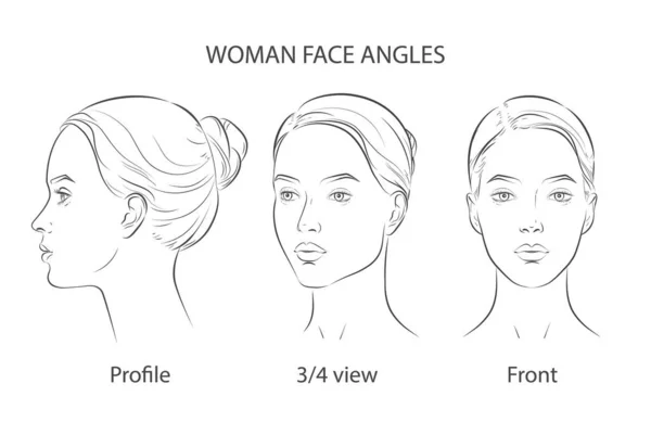 Conjunto de tres ángulos diferentes. Diferente vista frontal, perfil, tres cuartos de cara de chica . — Archivo Imágenes Vectoriales