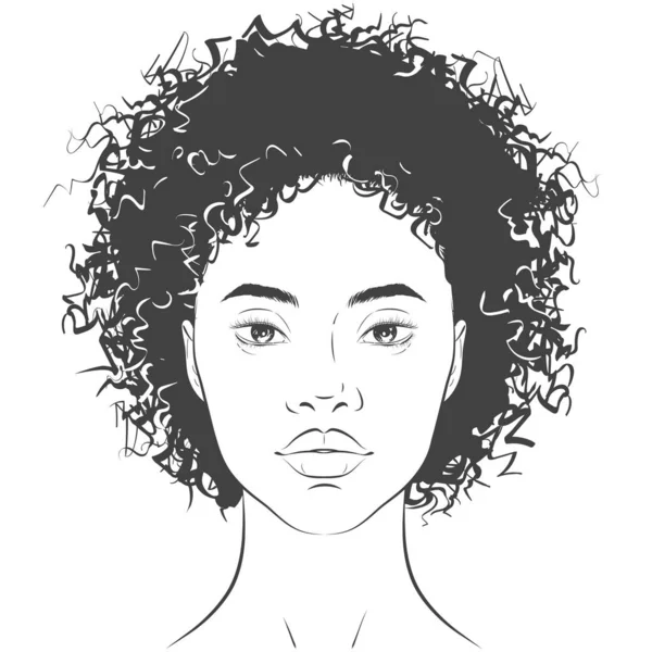 Vector afro-americano mulher de pele escura rosto com pele saudável e cabelo encaracolado . — Vetor de Stock