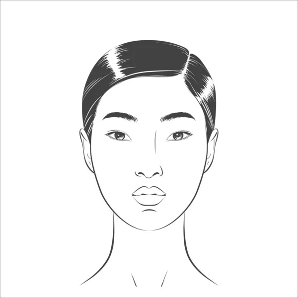 Cara de mulher asiática. Retrato frontal de esboço de linha preto e branco — Vetor de Stock