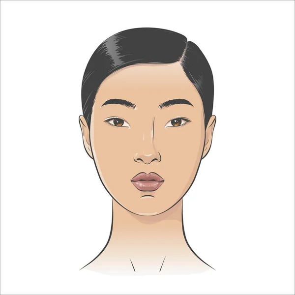 Asian Woman face. Black and white line sketch front portrait — Stock Vector