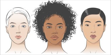 Afro-Amerikan, Asyalı, Avrupalı kadın portreleri.