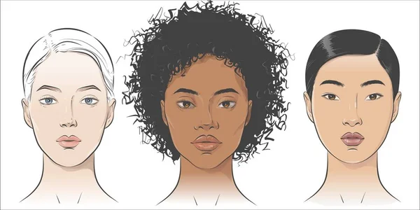 Vector Set of women portraits African African-american, asian, European. — Stock Vector