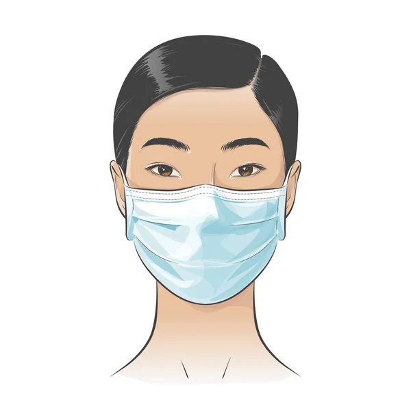 Vector mulher asiática vestindo máscara facial médica cirúrgica descartável para proteger contra a alta poluição do ar cidade tóxica — Vetor de Stock