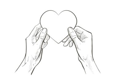 Kalbi tutan iki el. Sağlık, yardım, yardım, sevgi ve aile konsepti bağışlamak. Vektör çizim çizimi çizimi