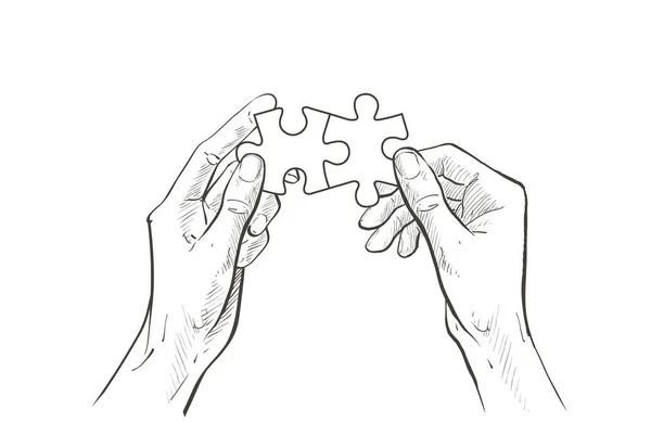 Handen verbinden Jigsaw puzzelstukje. Het concept van het leggen van contacten, teamwork, partnerschappen, begrip, samenwerking, oplossingen. Vector schets lijn illustratie — Stockvector