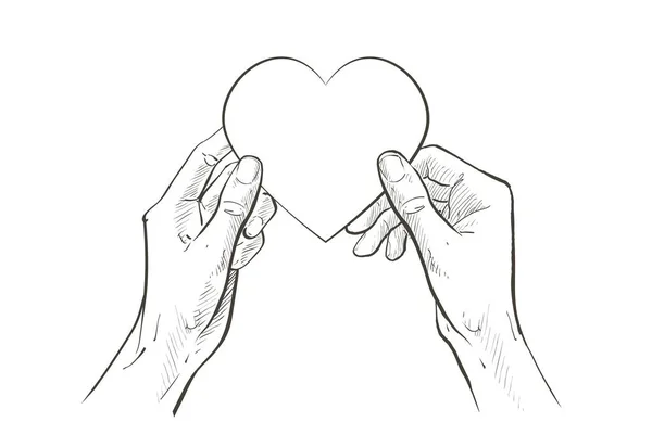 Dua tangan memegang hati. Layanan kesehatan, bantuan, amal, menyumbangkan cinta dan konsep keluarga. Ilustrasi garis sketsa vektor Stok Ilustrasi Bebas Royalti
