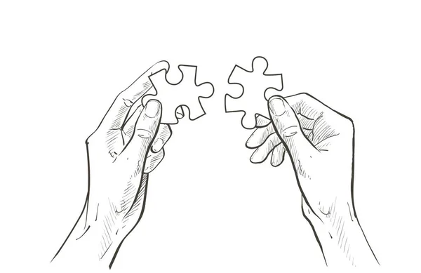 Handen verbinden Jigsaw puzzelstukje. Het concept van het leggen van contacten, teamwork, partnerschappen, begrip, samenwerking, oplossingen. Vector schets lijn illustratie — Stockvector