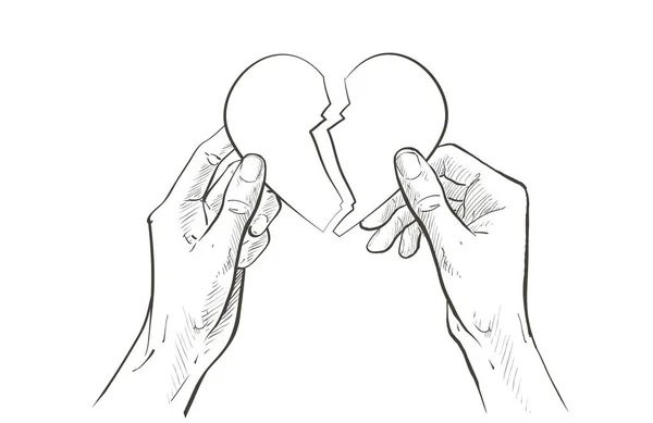 Deux mains tenant le cœur. Soins de santé, aide, charité, don d'amour et concept familial. Illustration vectorielle de ligne de croquis — Image vectorielle