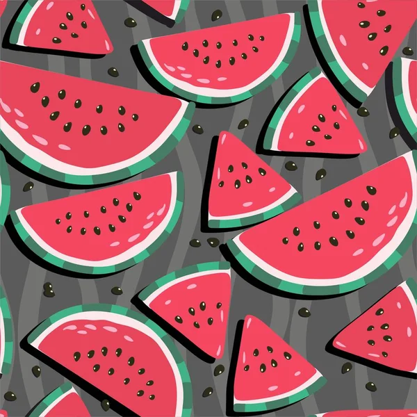 Juicy watermelons - trendy seamless pattern on a dark background — Stock Vector