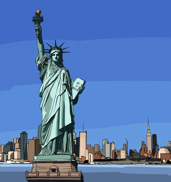 New York 'taki Özgürlük Anıtı şehrin arka planına karşı