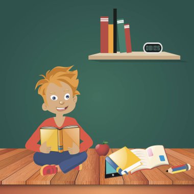 Bir çocuk duruyor ve bir kitap okur