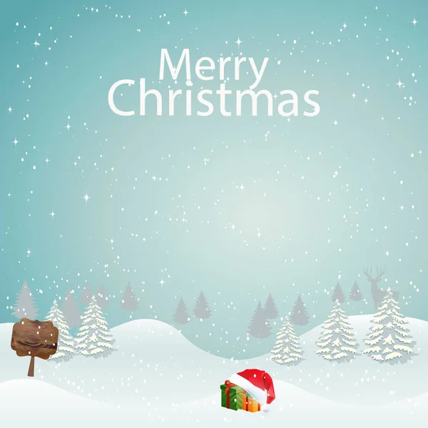 Feliz Natal. O fundo é suavemente azul. Cartão de felicitações. Árvores de Ano Novo, polvilhadas com neve. Presentes na neve . —  Vetores de Stock