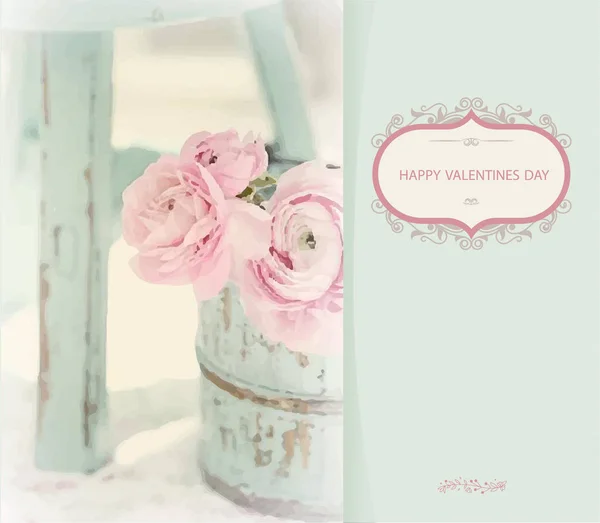 Tarjeta de felicitación con San Valentín con fondo ligeramente verde y rosas rosadas . — Vector de stock