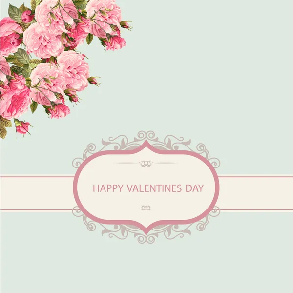 Tarjeta de felicitación con San Valentín con fondo ligeramente verde y rosas rosadas . — Vector de stock