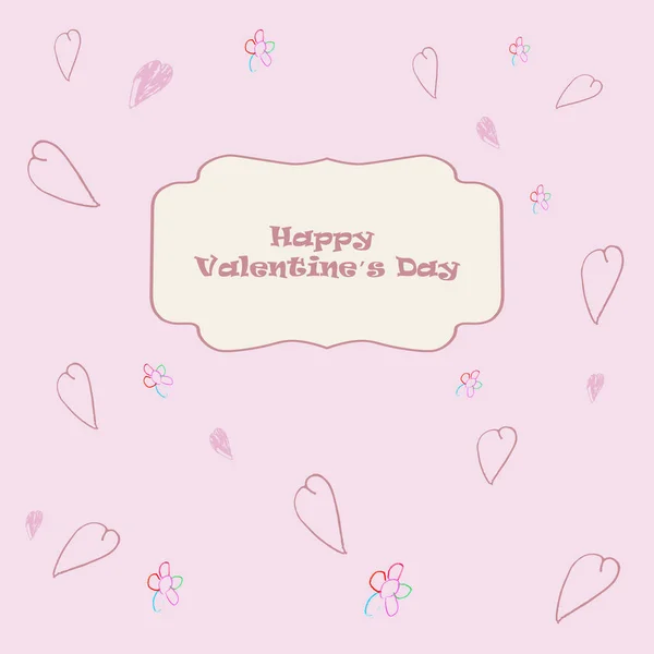 Biglietto di auguri San Valentino con cuori e fiori disegnati da un bambino . — Vettoriale Stock