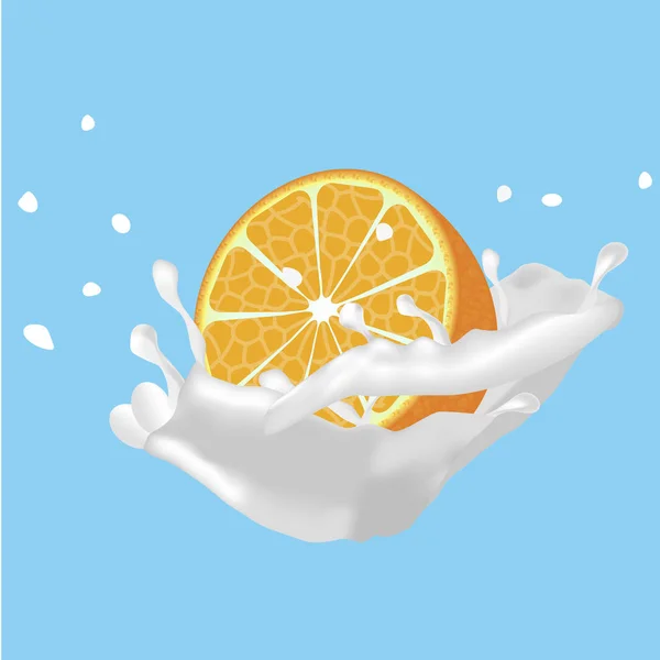 Arancia fresca e tagliata a metà all'interno di uno spray di latte o panna fresca . — Vettoriale Stock