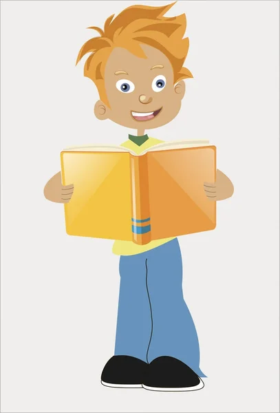 En pojke står och läser en bok — Stock vektor
