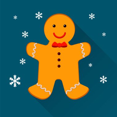 Zencefilli kurabiye adam. Noel kurabiyeleri, kar taneleri ile mavi arka plan üzerinde izole. 