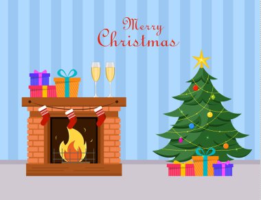 Minyatür Noel ağacı ve hediyeler bu altında duruyor şömine, iki şampanya bardağı ve hediye kutuları üzerinde şömine yakın. 