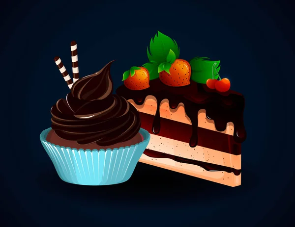 Bit av god kaka med jordgubbar och cupcake. Söt mat. — Stock vektor